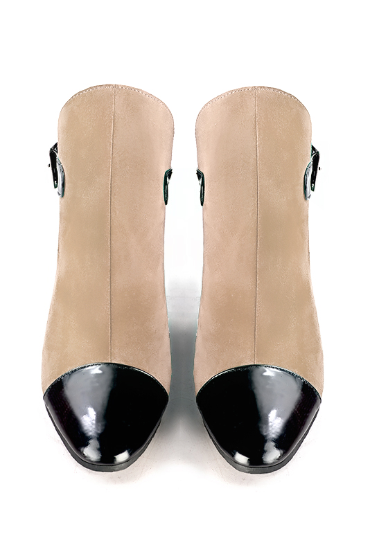 Gloss black and tan beige women's ankle boots with buckles at the back. Round toe. Medium block heels. Top view - Florence KOOIJMAN